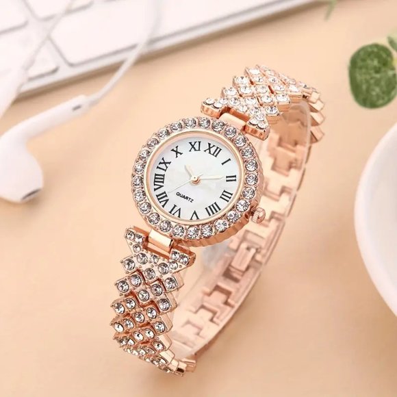 2pcs Watch and Bracelet Set Women Quartz Watch + Heart Bracelet Bling Rose Gold - Picture 3 of 5